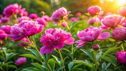 Vibrant pink peonies burst forth from lush green foliage, delicate petals unfolding like tender silk in morning's golden soft light.