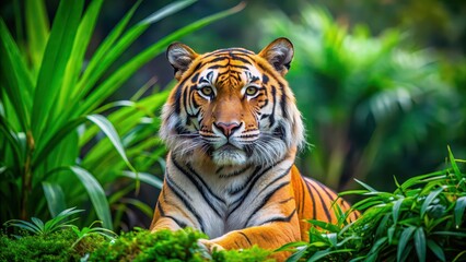 Obraz premium Beautiful Bengal tiger in lush green habitat background, Bengal tiger, beautiful, wildlife, nature, green, lush