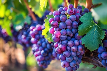 A bunch of purple grapes hanging from a vine