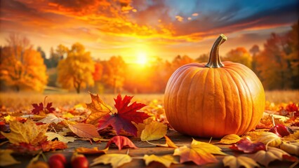 Naklejka premium Big orange pumpkin surrounded by colorful fall leaves against a beautiful sunset backdrop, pumpkin, fall, leaves, sunset