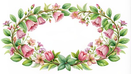 Fototapeta premium Intricately drawn oval floral frame boasts lush pink bells, green leaves, and delicate garden flowers on a pristine white background.