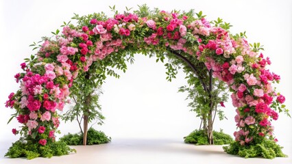 Delicate pink azalea flowers bloom amidst lush tropical greenery, forming a stunning wedding floral arch on a crisp white background.