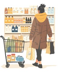 Illustration of a woman grocery shopping in a supermarket, looking at shelves, and holding shopping bags and cart.