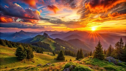 Vivid sunset over stunning mountain landscape, perfect for outdoor travel backgrounds, sunset, mountain, landscape, colorful