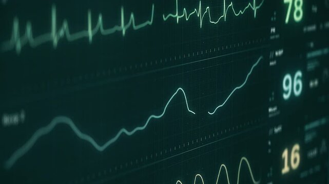 Heart Pulse Test On Medical Equipment Screen Shows Stable Health Signs. Electronic Test Diagnosing Normal Condition Of Heart Pulse. Heart Pulse Tested By Modern Clinic Electronic Device. ECG
