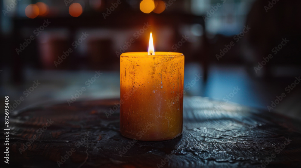 Poster a lit candle in a dark room, creating a warm and serene atmosphere with its soft glow and flickering