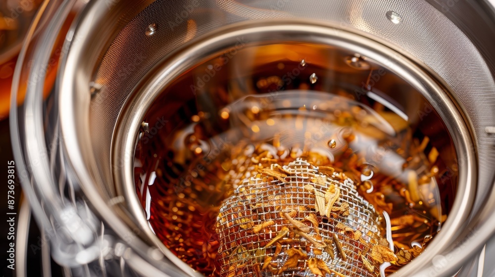Poster an upclose image of the mesh filter inside the infuser preventing any loose tea leaves from escaping