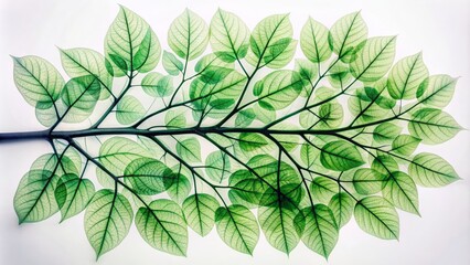 Fototapeta premium Crystal-clear x-ray image captures intricate architecture of a single branch, showcasing vibrant green leaves, against a pristine white backdrop.