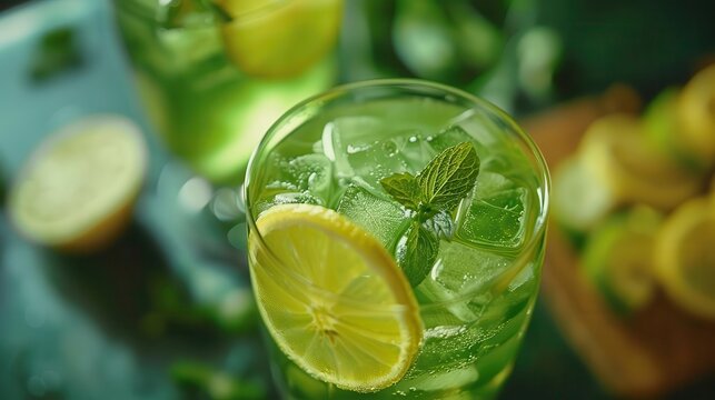 Green lemonade spritzer with mint, Saint Patricks Day cocktail, light and refreshing