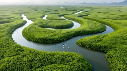 Aerial view of winding rivers flowing through lush green wetlands, creating intricate patterns and a serene natural landscape.
