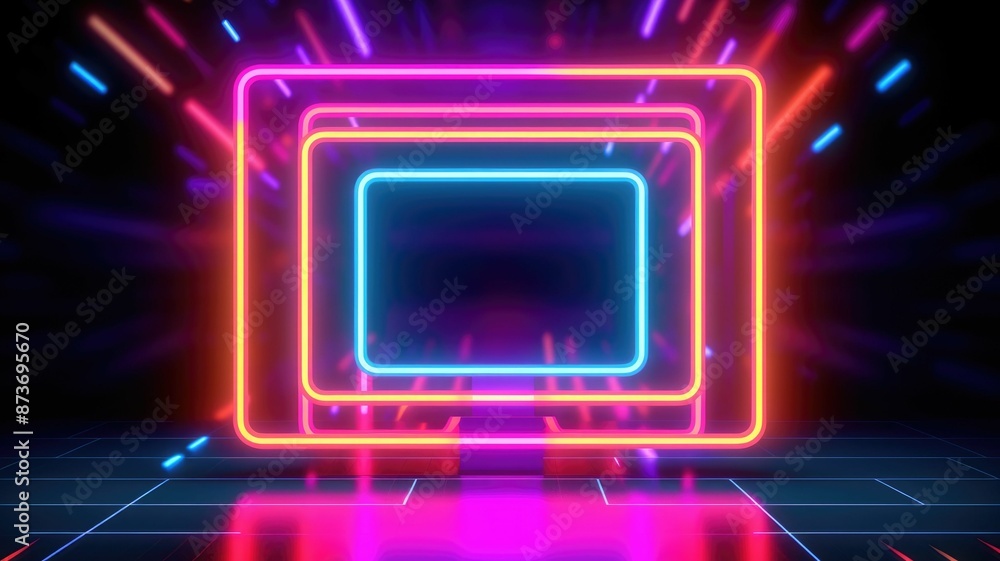 Poster futuristic neon light portal in a reflective surface. luminous neon light portal with square shape w
