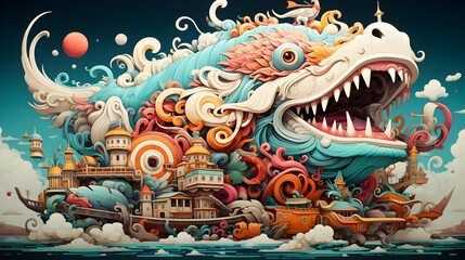 Fantasy City Illustration with a Giant Sea Monster