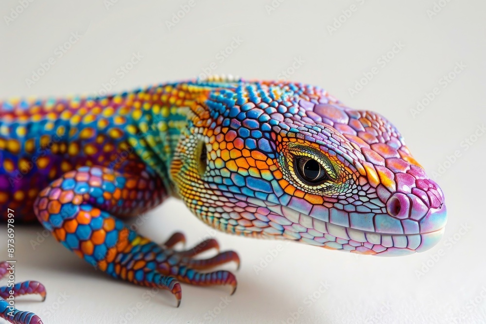 Poster vibrant and detailed closeup of a colorful painted lizard showcasing its exotic and beautiful scales