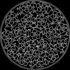 Intricate Floral Circle Coloring Page with white line black background , 
