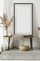 Mockup black poster frame with decor accessories in cozy white interior