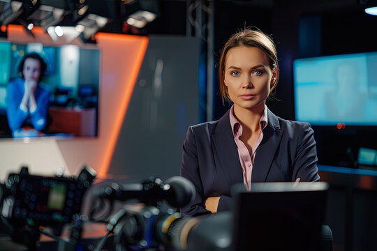 Television anchorwoman in studio during live broadcasting