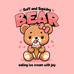 Fototapeta premium Cute bear eating ice cream with joy