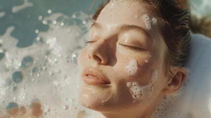 Close-up of a serene woman enjoying a foam bath, portraying relaxation and spa-like atmosphere with bubbles on her face.