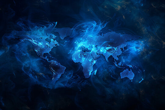World shape on blue and black background