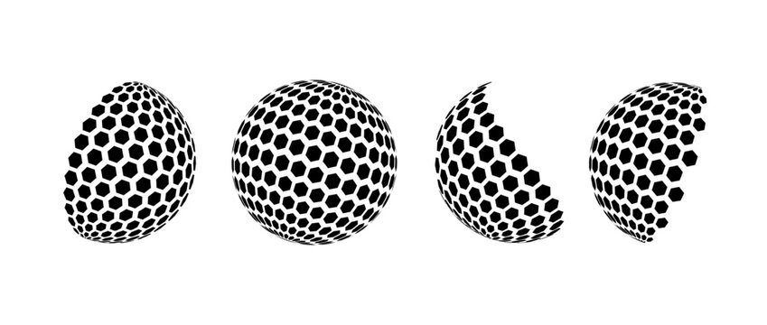 Black halftone pattern sphere set. Hexagon wireframe 3d circle collection. Grid globe element bundle. Round shape pack for tech poster, banner, cover, emblem. Vector spinning objects
