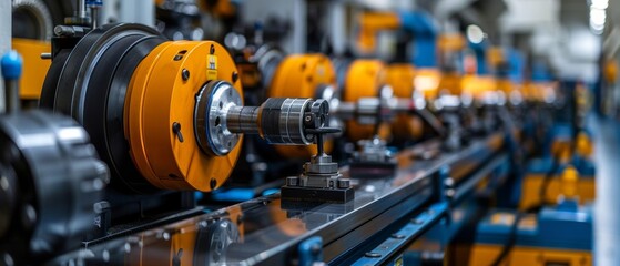 Naklejka premium Close-up of industrial machinery with focus on metal components and orange elements, showcasing advanced engineering and precision manufacturing.