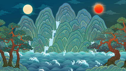 일월오봉도 동양화 산수화 The sun, the moon and the five mountain peaks. Paintings symbolizing Korean traditional kings, oriental paintings, pine trees, water, ten longevity symbols