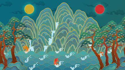 일월오봉도 동양화 산수화 The sun, the moon and the five mountain peaks. Paintings symbolizing Korean traditional kings, oriental paintings, pine trees, water, ten longevity symbols