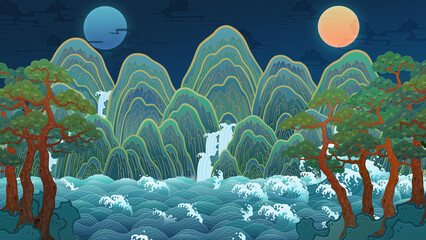 일월오봉도 동양화 산수화 The sun, the moon and the five mountain peaks. Paintings symbolizing Korean traditional kings, oriental paintings, pine trees, water, ten longevity symbols