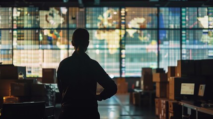 Silhouette of a person in a modern warehouse with large screens displaying global maps and data insights.