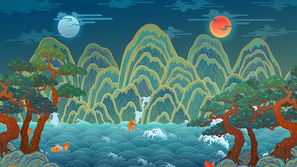 일월오봉도 동양화 산수화 The sun, the moon and the five mountain peaks. Paintings symbolizing Korean traditional kings, oriental paintings, pine trees, water, ten longevity symbols