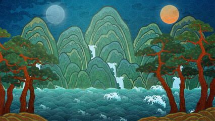 일월오봉도 동양화 산수화 The sun, the moon and the five mountain peaks. Paintings symbolizing Korean traditional kings, oriental paintings, pine trees, water, ten longevity symbols