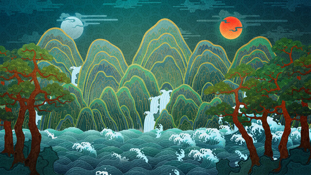 일월오봉도 동양화 산수화 The sun, the moon and the five mountain peaks. Paintings symbolizing Korean traditional kings, oriental paintings, pine trees, water, ten longevity symbols