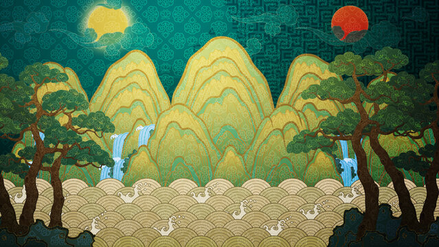 일월오봉도 동양화 산수화 The sun, the moon and the five mountain peaks. Paintings symbolizing Korean traditional kings, oriental paintings, pine trees, water, ten longevity symbols