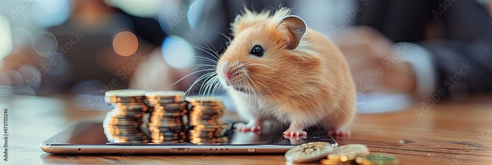 Canvas Prints A small hamster is sitting on a table with a pile of coins