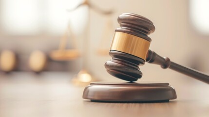 Fototapeta premium Close-up view of a judge's gavel on a wooden desk with scales of justice in the background, representing legal proceedings and law.
