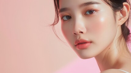 Fototapeta premium Close-up beauty portrait of a young Asian woman with flawless skin. Concept of skincare, cosmetics, and beauty standards.