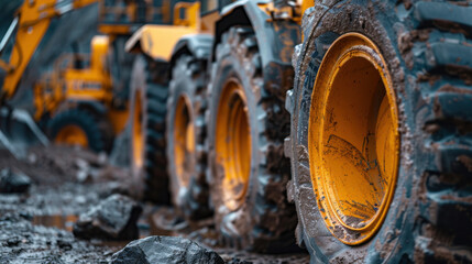 Fototapeta premium Close-up view of muddy wheels on a construction vehicle, highlighting the rugged terrain and heavy-duty machinery.