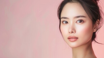 Fototapeta premium Portrait of a beautiful young Asian woman with glowing skin on pink background. Concept of beauty, skincare, cosmetics, and wellness.