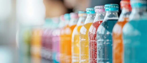 Colorful assortment of bottled drinks in a row with soft focus background, showcasing a variety of beverages and flavors.