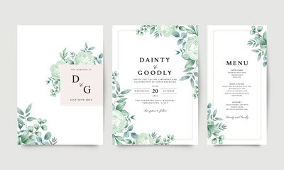 Beautiful wedding invitation template set with roses and leaves