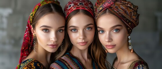 Obraz premium Three Young Women in Traditional Colorful Headscarves and Dresses Posing Together Against a Neutral Background