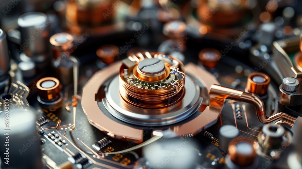 Poster the intricate internal components of an induction cooktop including the copper coil and electronic c