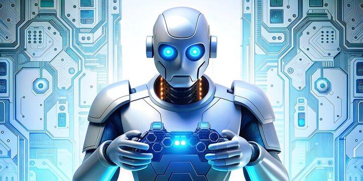 Metallic robot holding a gaming controller, surrounded by circuits and motherboards, with a bright blue glow on its forehead, forming a futuristic logo design.