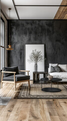 Elegant interiors rustic decor composition with minimal furniture and arrangements. Stylish interiors design Real Estate composition.