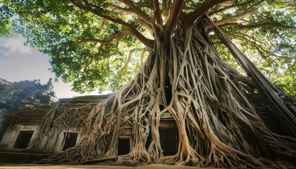 Banyans are massive trees known for their spreading canopy and aerial roots. They can cover large areas and are often central to village life in parts of Asia.