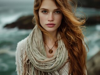 Portrait of a Young Woman with Long Hair and Scarf by the Ocean on a Windy Day