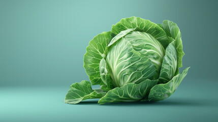 Fototapeta premium Close-up of a fresh green cabbage with crisp leaves against a light teal background, highlighting its texture and color.