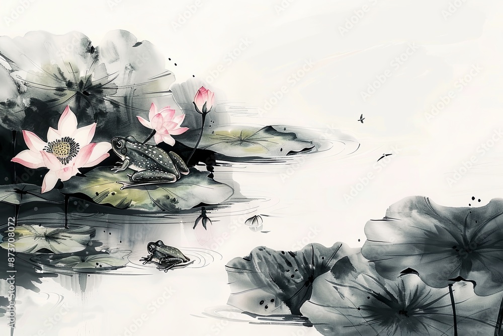 Canvas Prints A painting of a pond with three frogs and three pink flowers