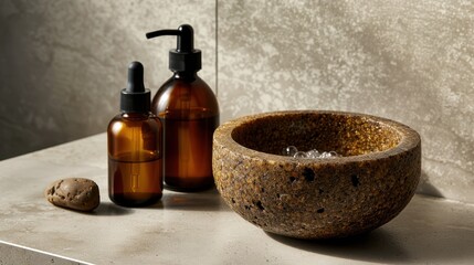 Rustic Stone Bowl and Amber Glass Bottles in Modern Bathroom Setting with Natural Light