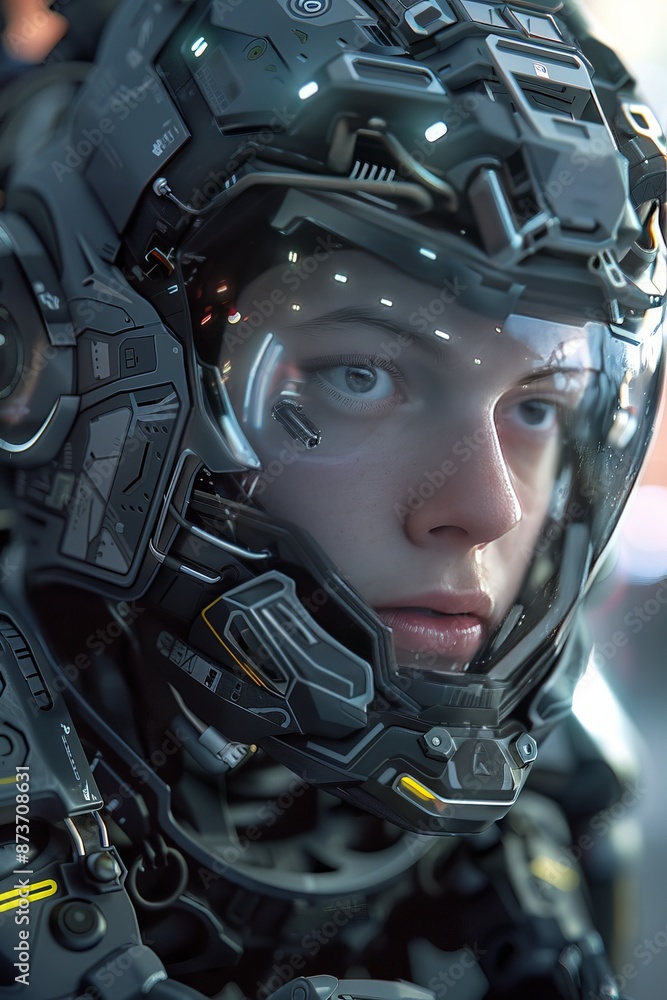 Poster hyper-realism captures the android hacker's expression, a mix of focus and determination visible ben